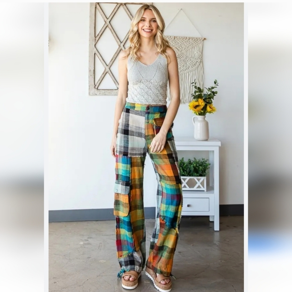 Porter Collective Plaid Patchwork Cargo Jogger Pants Size S